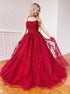 A Line Spaghetti Straps Red Lace Tulle Prom Dresses LBQ2132